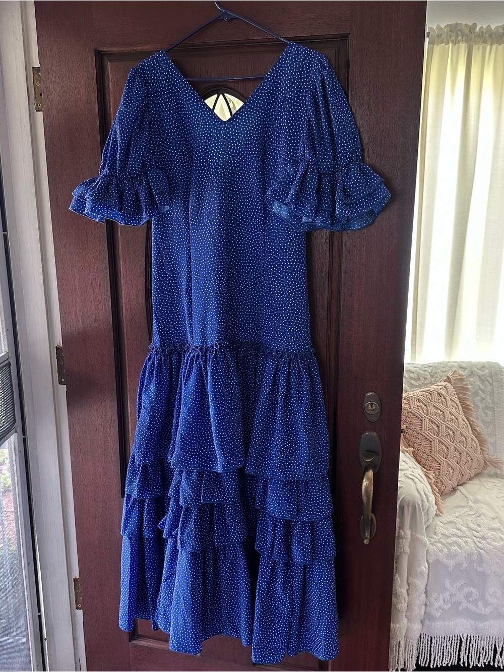 Blue Polka Dot Maxi Dress with Tiered Ruffles